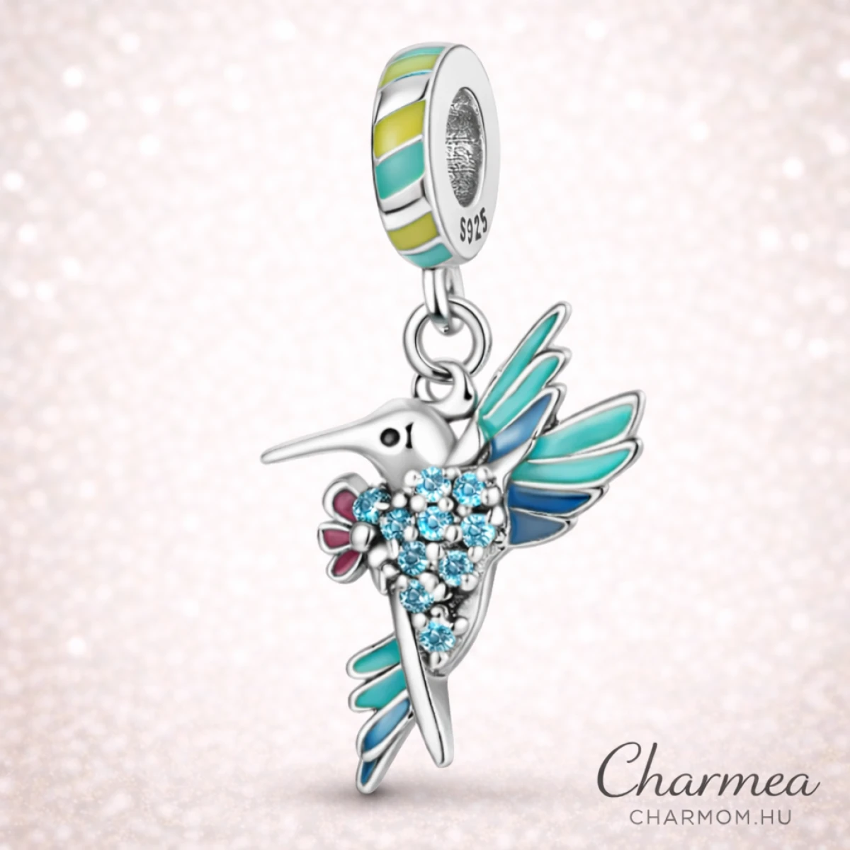 „Színpompás Kolibri” Ezüst Függő Charm – 925 Ezüsttel
