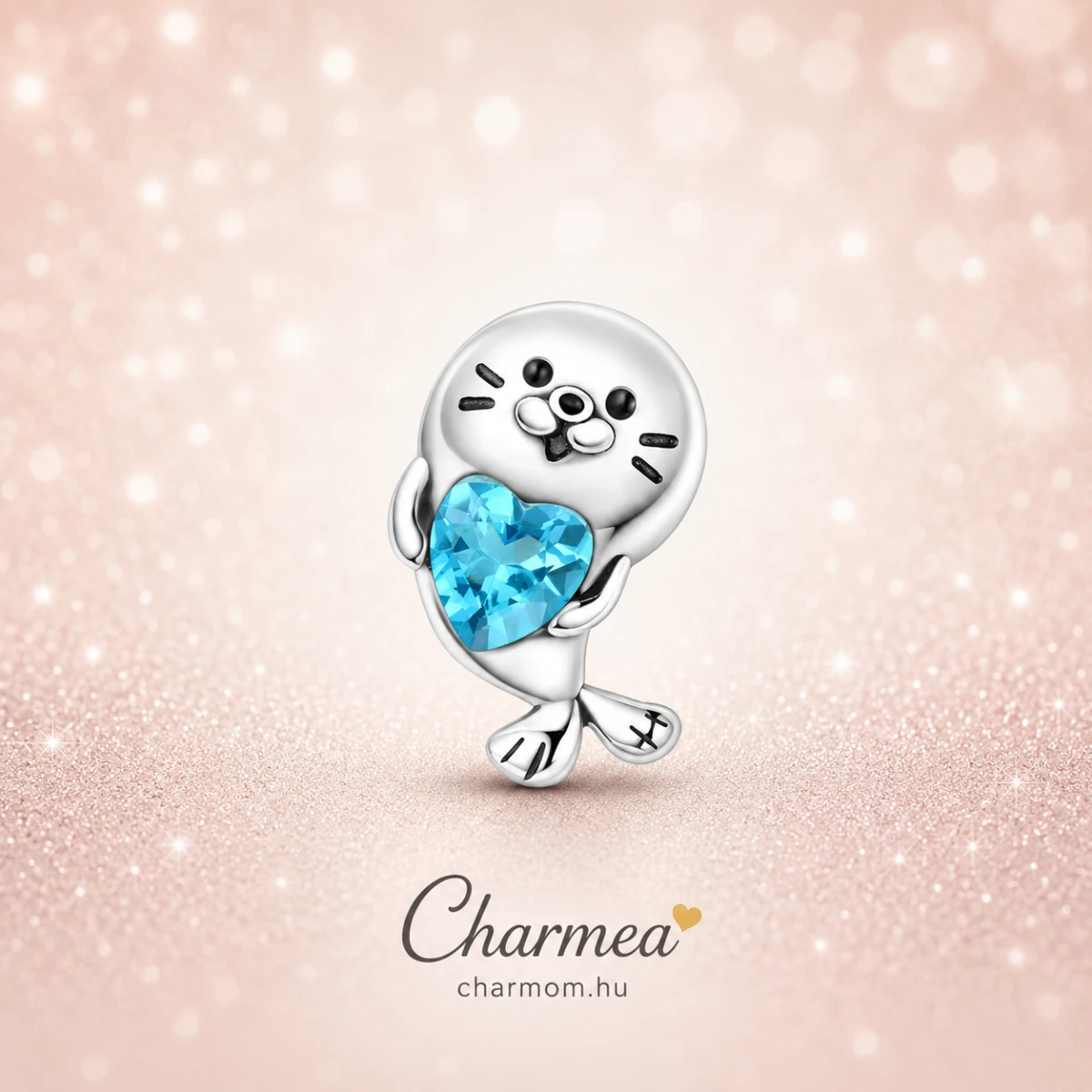 Kék Szíves Bébi Fóka Charm – 925 Ezüst, Szív Alakú Kristállyal
